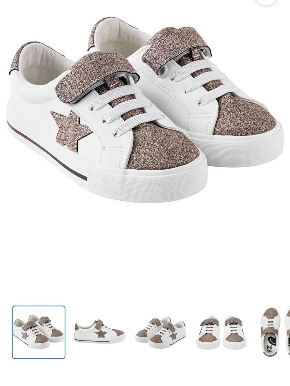 Kids White Sneakers with Rose Gold Glitter Star - Brand